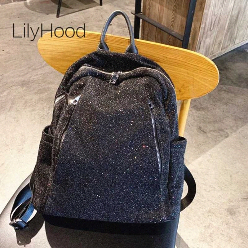 

female high quality sparkle shiny backpack big capacity casual daily diaper mummy bagpack for women teenager school book bag z6cq, Black