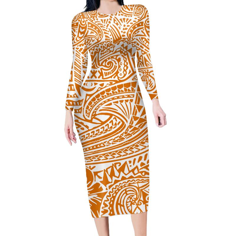 

Casual Dresses HYCOOL Wholesale Bodycon Club Long Dress Polynesian Tattoos Print Tight Party Yellow Custom Samoa Plus Size Women Clothing, D40