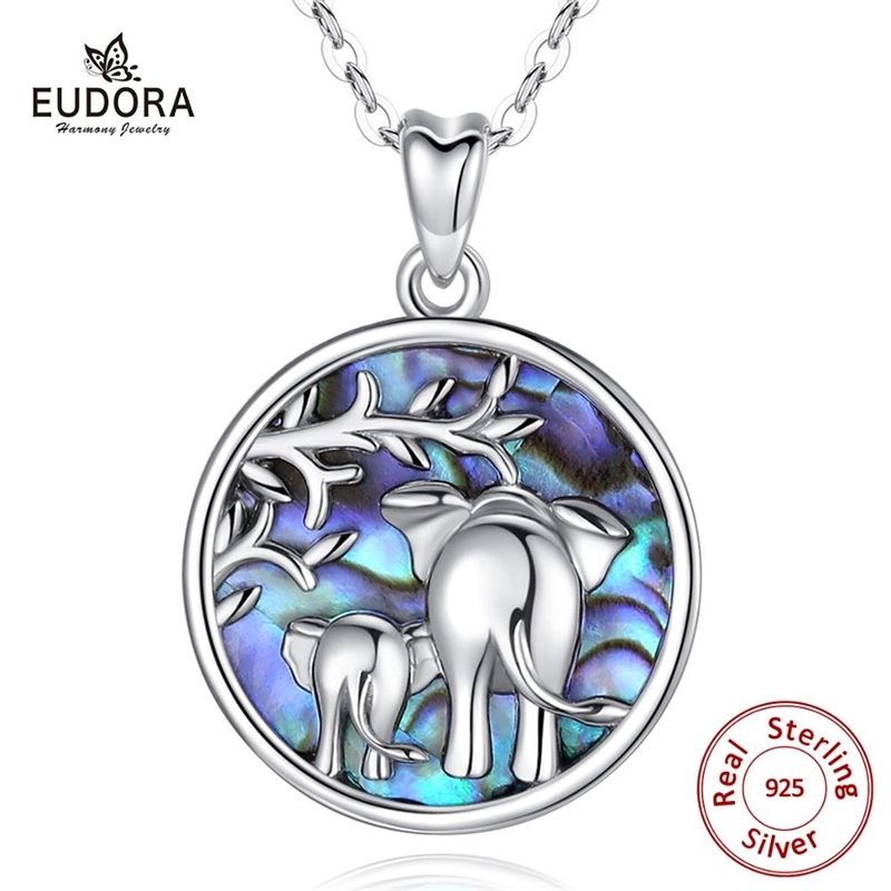 

Eudora 925 Sterling Silver Elephant mother baby tree Pendant Necklace with Mother of Pearl animal Blue fine Jewelry for women
