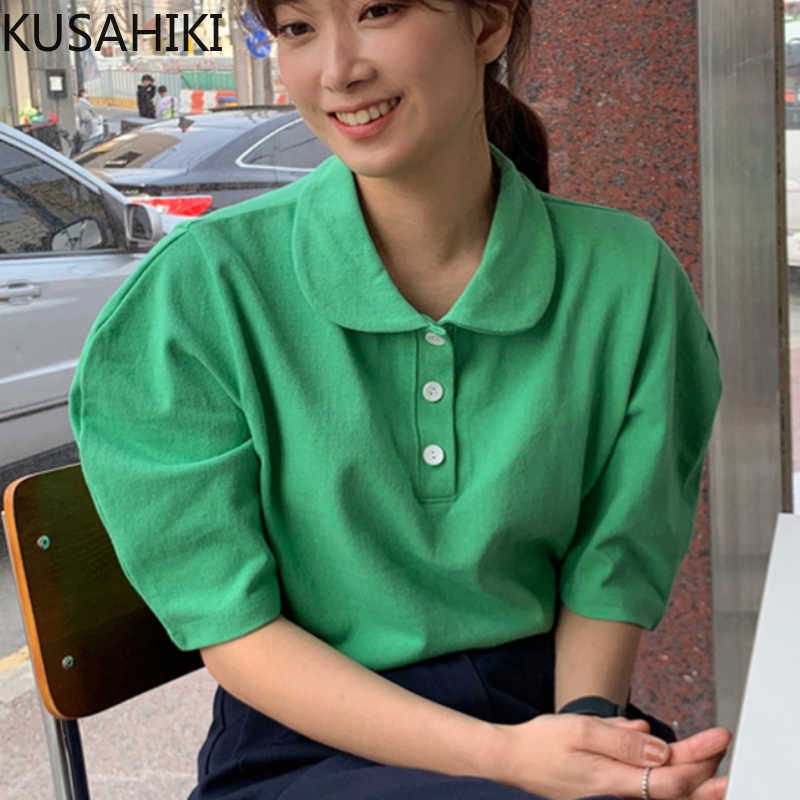 

Sweet Peter Pan Collar Graphic Tee Puff Short Sleeve Woman Tshirts Summer Solid Korean Tops Feminimos 6G683 210603, Green