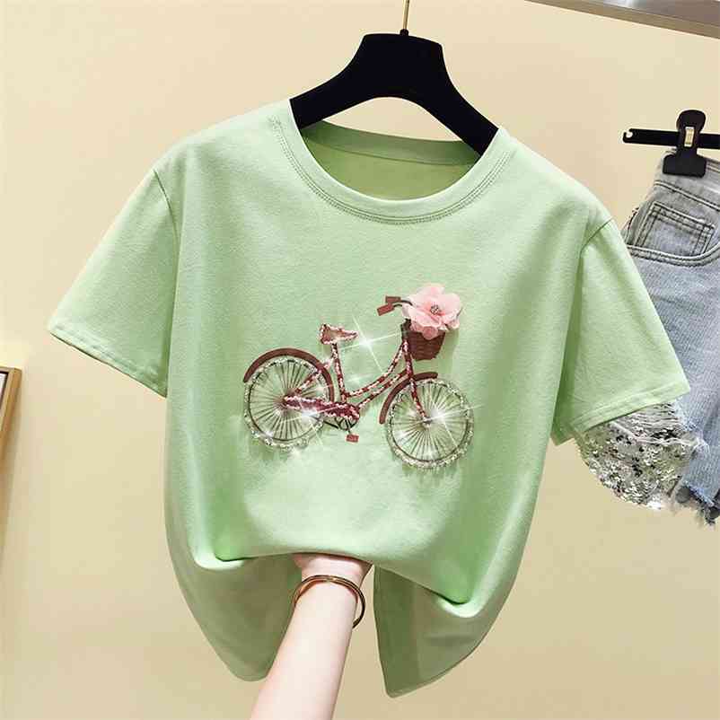 

Women's O Neck Beading Short Sleeves Cotton T-Shirt Summer Tee Girls Ladies Pullover Casual Tops Students Tees A2518 210519, Green