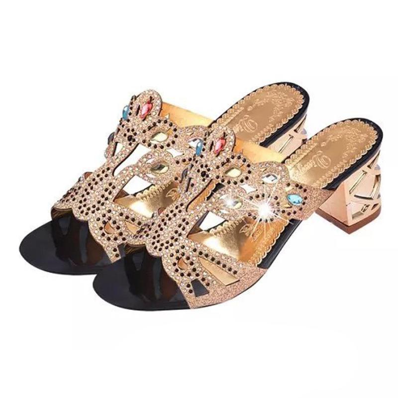 

Summer Fashion Rhinestone Party Women Cut-Out Square High Heel Sandals Ladies Shoes Woman Size 36-41, Black