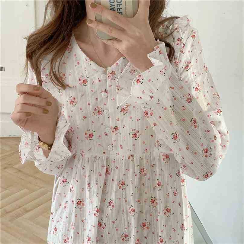

V-Neck Sleepwear Spring Dress Foloral Sweet Women Chic Comfortable Korean Cotton Fashion Pajamas Nightdress 210525, Photo color