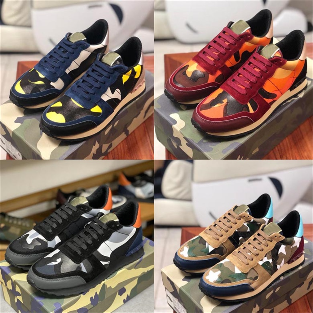 

Designer Casual Shoes Rivet Spikes Man Women Camouflage Luxury Leather Mesh Patchwork Sneakers Sports Shoe Lightweight Soled Top Quality Size 36-46, Color44