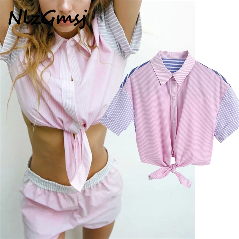 

Blouse Women Short Sleeve Cropped Pink Top Chic Knot Hem Striped Woman Pleat Button Up Patchwork Shirts 03 210628, As picture