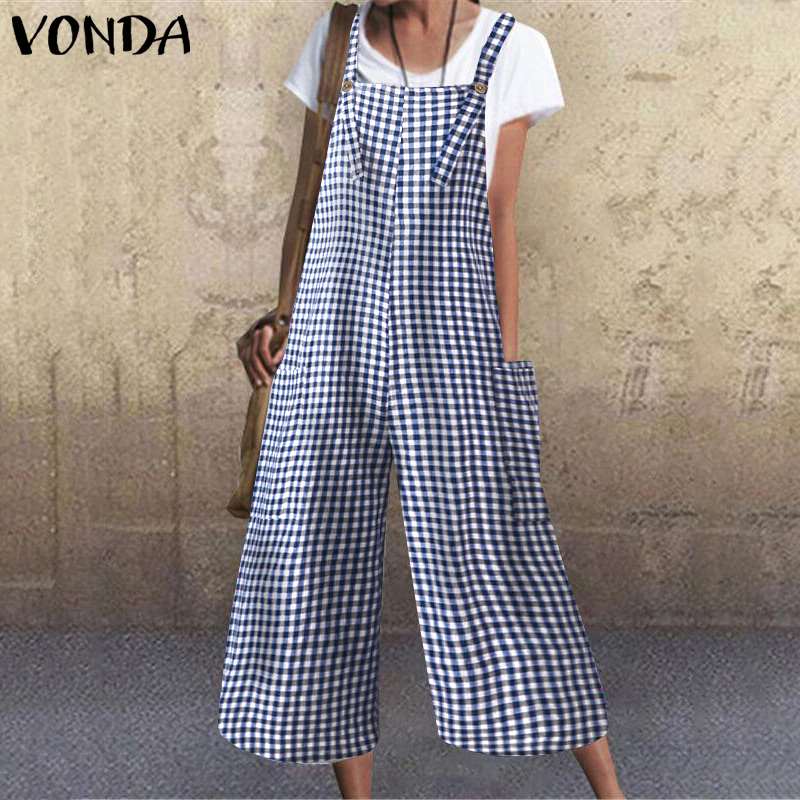 

Women Jumpsuit Solid Overalls Casual Rompers Vintage Calf-Length Wide Leg Pants VONDA 2021 Female Casual Playsuits Plus Size 5XL, Black