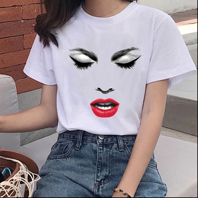 

womens t shirt face makeup printed girls women shirts harajuku casual short sleeve femme graphic vintage, White