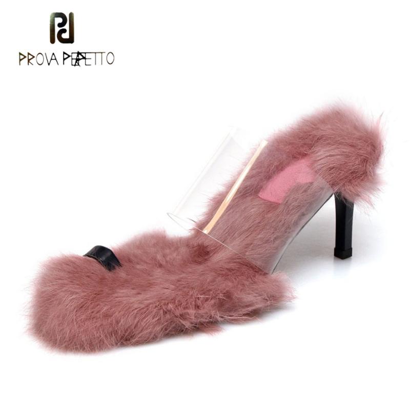 

Slippers Prova Perfetto Fashion Fur Females Sexy High Heel Clip Toe Ladies Slides Transparent Pvc Women Stiletto Heels, Black