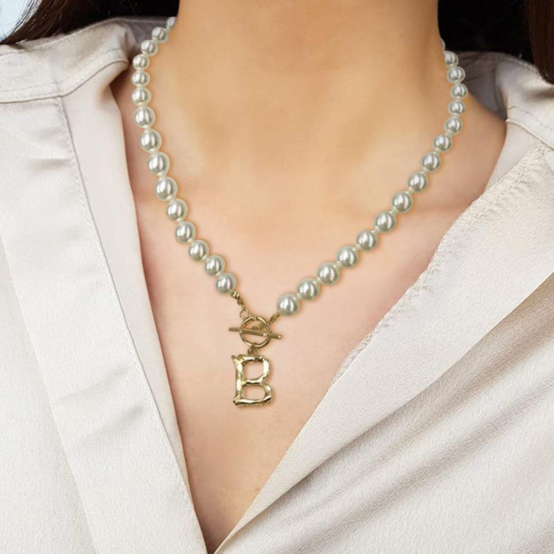 

Pendant Necklaces Fashion 26 Letters Shape Imitation Pearls Necklace Ornaments Elegant Pearl Letter Collier Femme#F