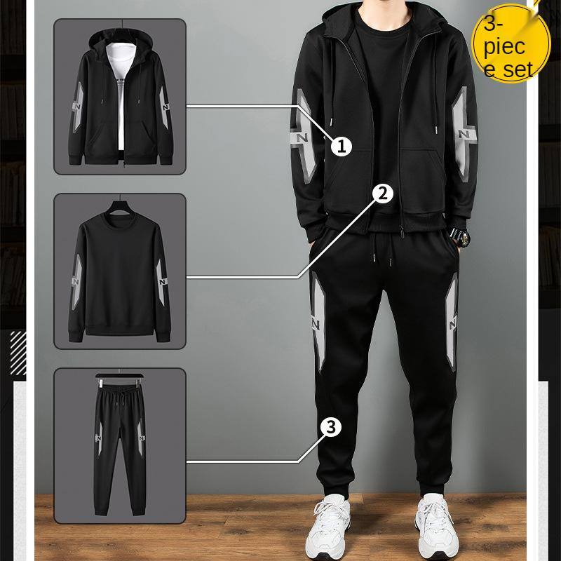 

Gym Clothing Men's Sweater Set Spring And Autumn Winter Trend Loose Long Sleeve T-shirt Leisure Sports 3-piece Joggers, Black grey