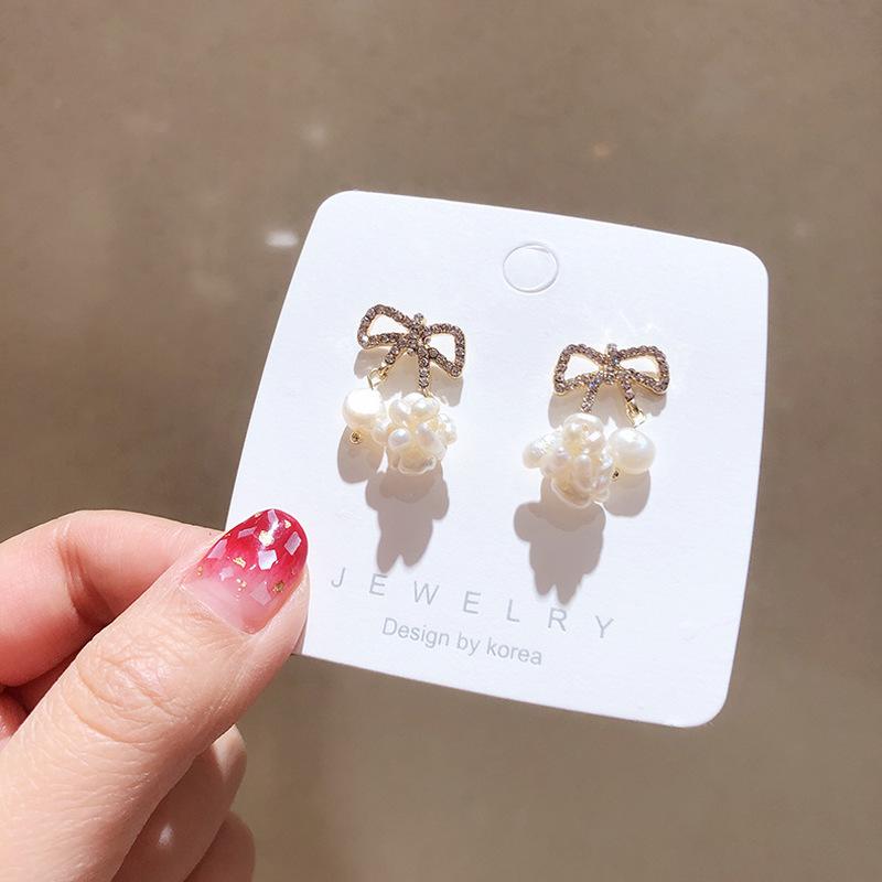 Stud Silver Pin Small Rhinestone Bow Manual Imitation Pearl Cute Retro Earrings For Women Girl Fashion Jewelry Accessories-image-701675613