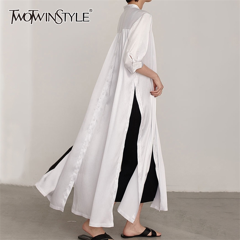 

Casual Minimalist Women Dress V Neck Long Sleeve High Waist Side Split Dresses For Female Fashion Clothing 210520, White
