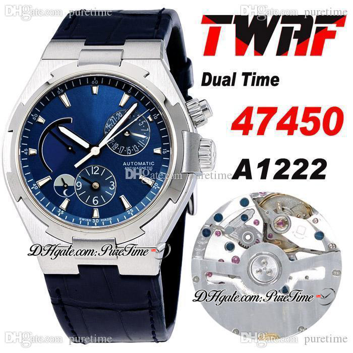 

TWAF Overseas Dual Time 47450 A1222 Automatic Mens Watch Steel Case Power Reserve Blue Texture Dial Stick Leather Strap Super Edition Watches Puretime C3, Black+rubber