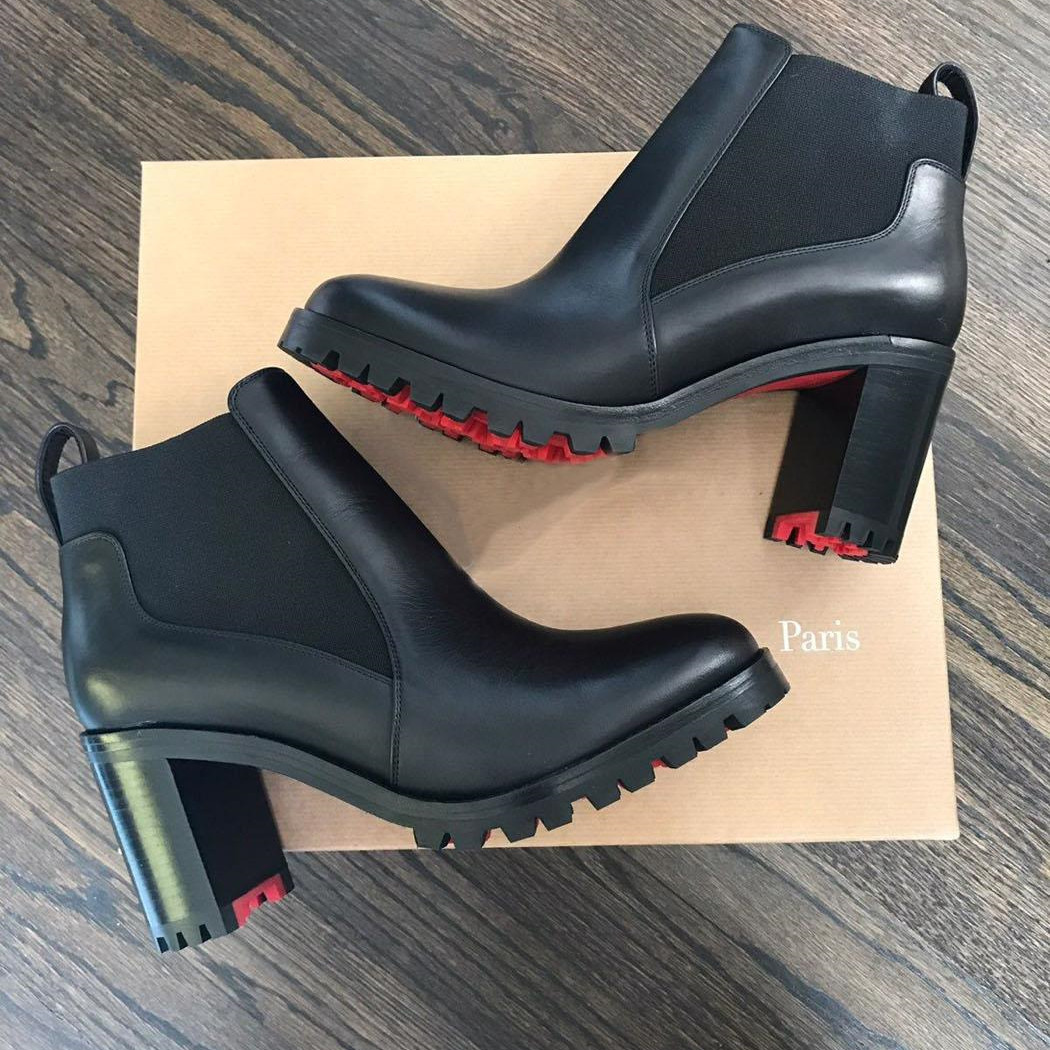 

Women Leather boot ankle boots red bottom high heels chunky heeled booty Marchacroche Black Calf Leathers Ankles Booties platform heel rubber soles