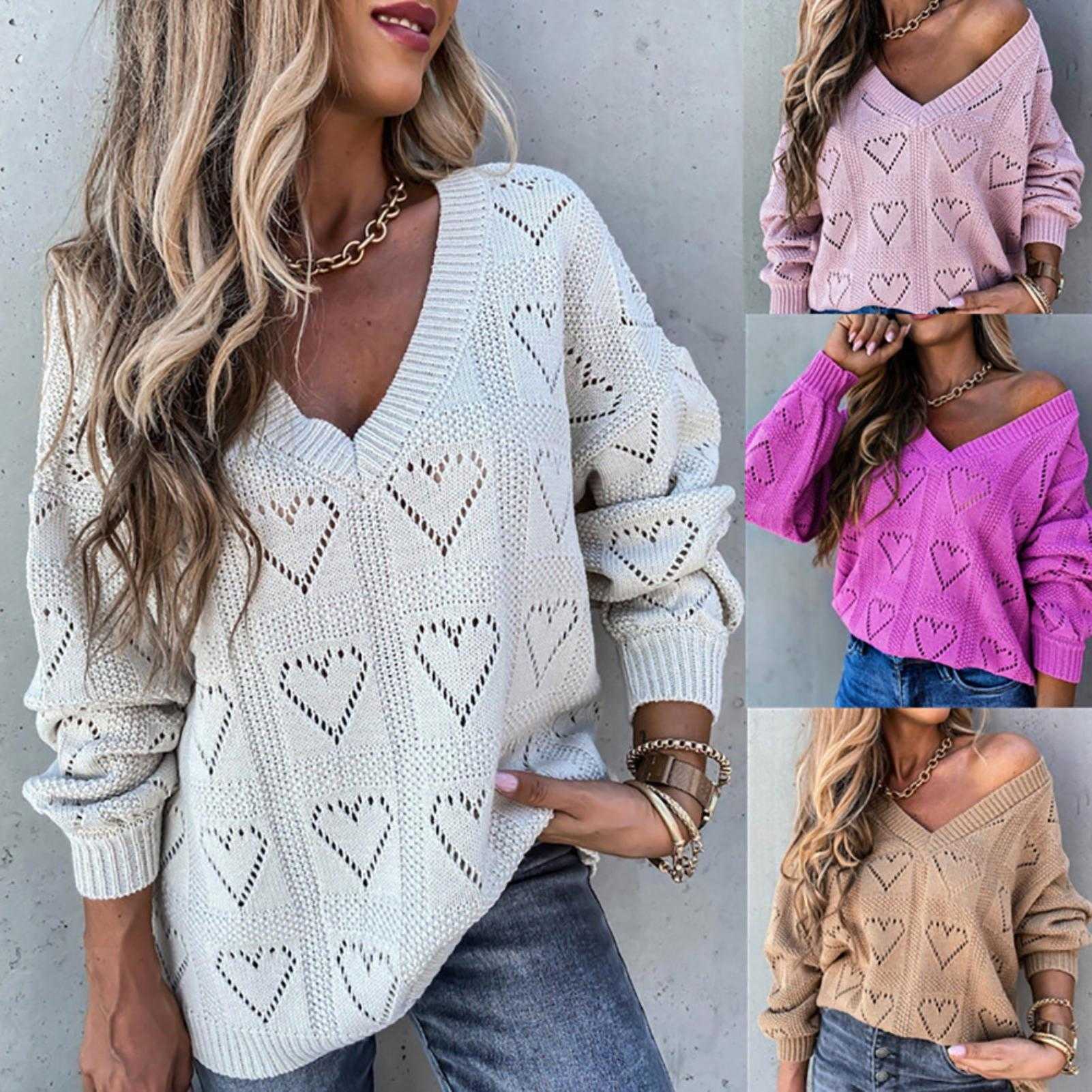 

Women Autumn Winter Love Heart Hollow Crochet Sweater Loose Knitwear Jumpers Q0828, White;black