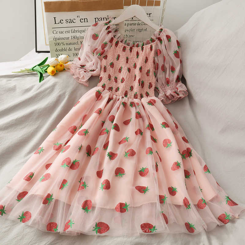 Party Dresses Korean Kawaii Strawberry Tulle Dress Women Summer Puff Sleeve Sweet High Waist Elegant Female Sequin Mesh Holiday DF-image-703700225