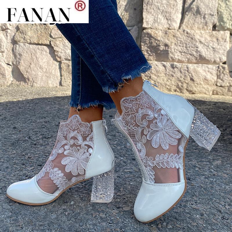 

Boots Woman Mesh Black Ankle For Women Summer Square Heels Sandal Ladies Round Toe Lace