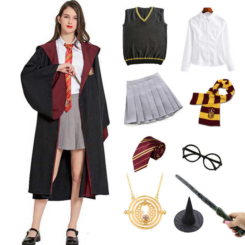 

Ravenclaw Slytherin Robe Cloak Dress Shirt Cosplay Girls Costume Wizard Children Women Men Halloween Costume Y0903, Package 4-yellow