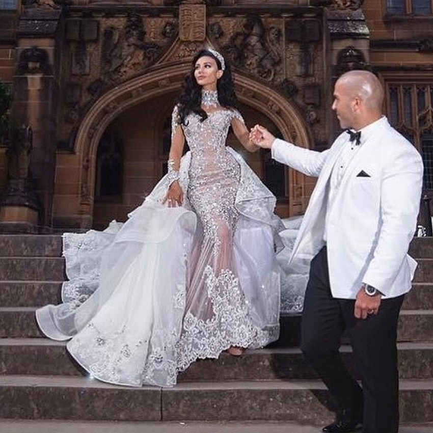 

Luxurious Rhinestone Crystal Wedding Dress High Neck Beads Applique Long Sleeves Mermaid Bridal Dress Gorgeous Dubai Wedding Gown Overskirt, Dark navy