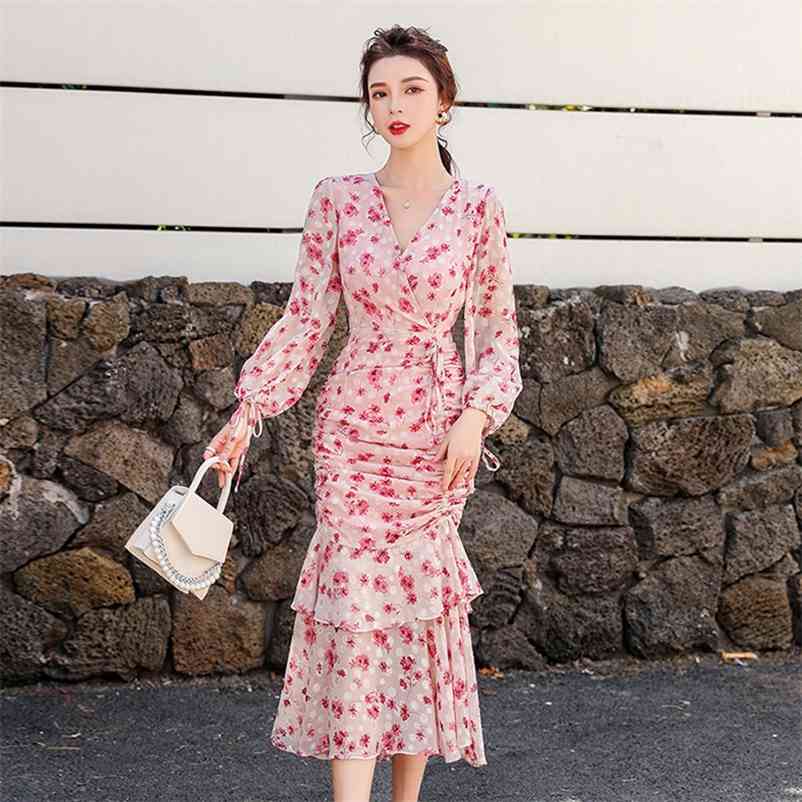 

autumn and winter ladies temperament V-neck printed pleated fishtail dress Polyester Office Lady Zippers 210603, Pink