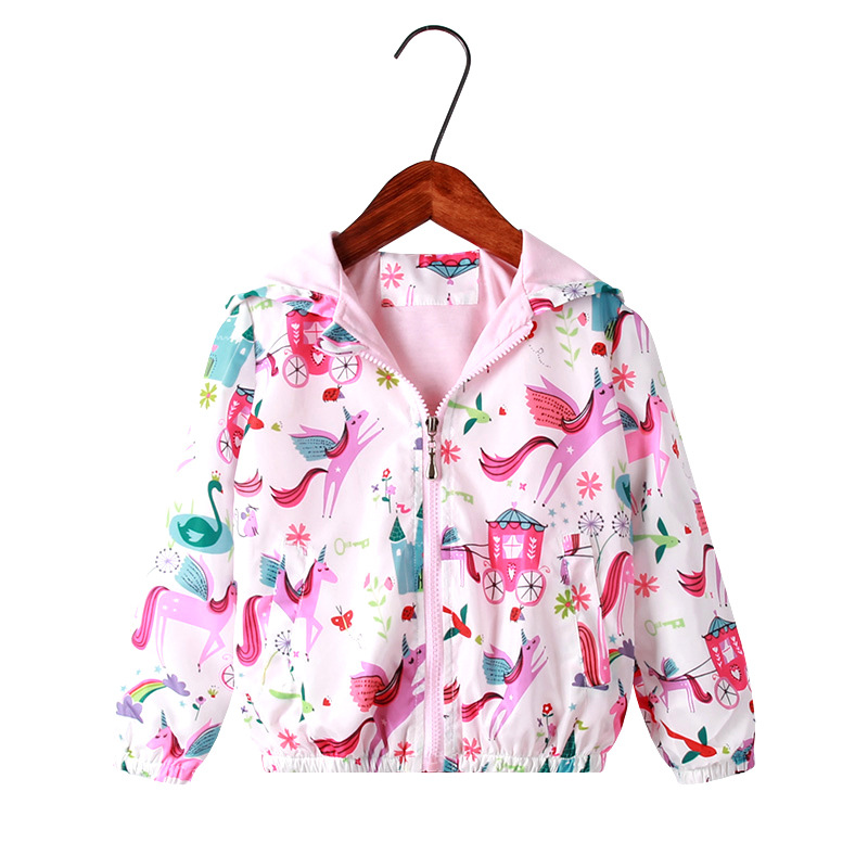 Girl's print zip-up hoodie shirt Cartoon flamingo stormsuit V-neck coat 3 styles 100-140cm-image-402992439