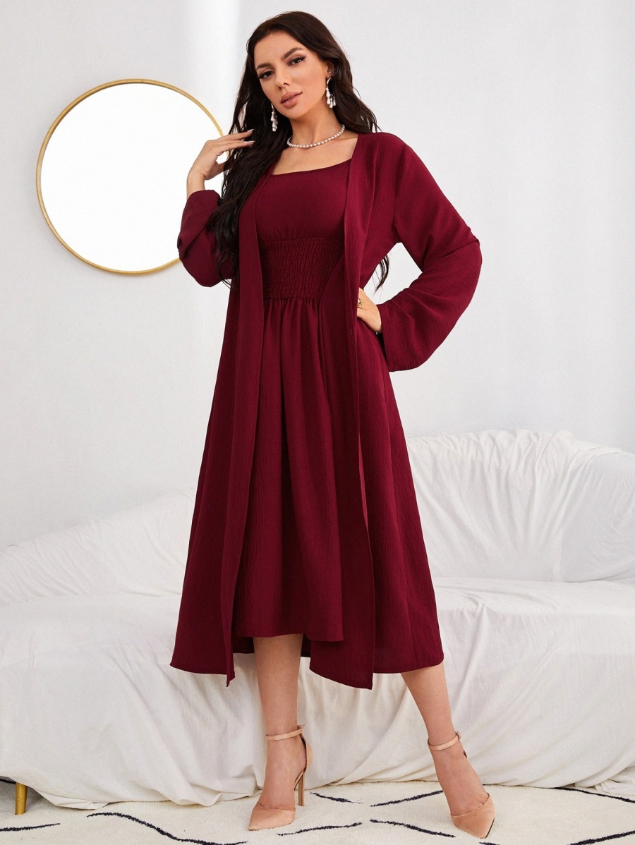 

Open Front Coat & Shirred Cami Dress f3fh#, Burgundy