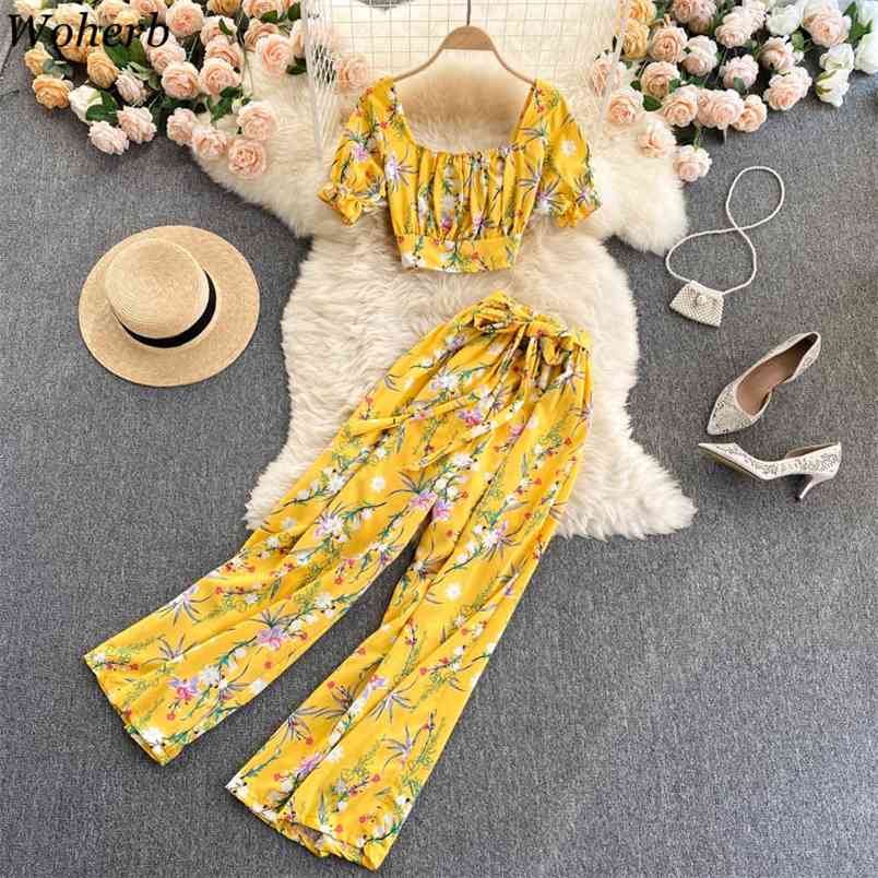 

Summer Beach Style 2 Pieces Set Women Floral Print Crop Top Blouse+wide Leg Pants Korean Fashion Trousers Outfits 210519, Caramel
