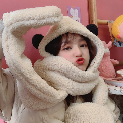 

Autumn and Winter Cashmere Bear Scarf Hat Gloves Integrated Cute Cartoon Womens All-Match Scarf Plush Bonnet Korean Style No. 6