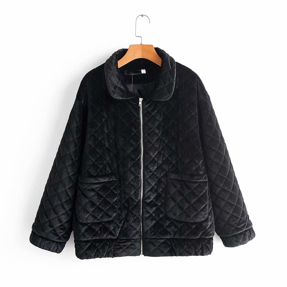 

Autumn Winter Black Diamond Plaid Jackets Women Velvet Parkas Female Thick Warm Padded Cotton Coat Casual Outerwear 210520
