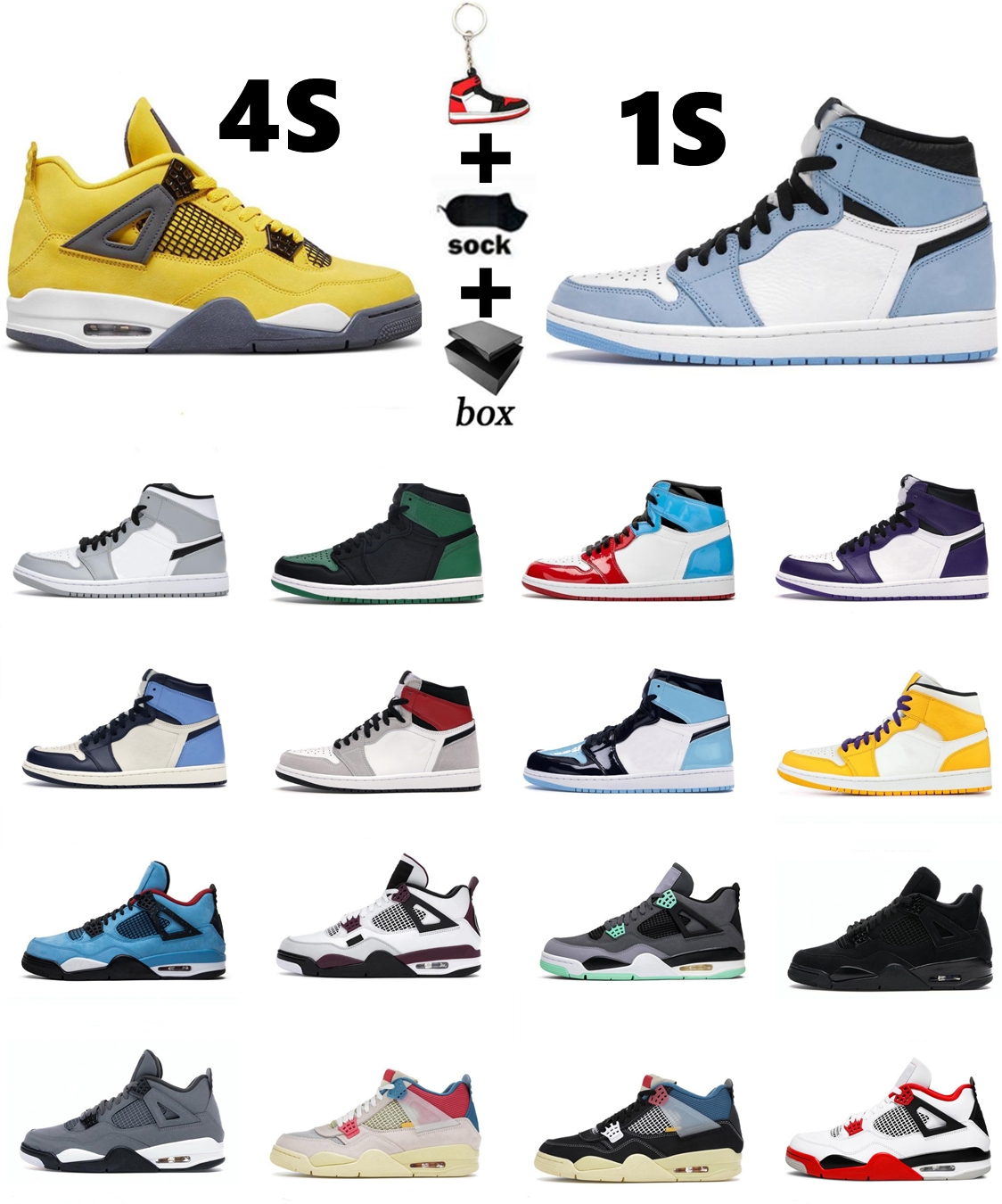 

Men Women Designer basketball shoes 1s 4s University Blue red Toe Obsidian Sport mocha black cat trainers Sneakers, Shoe box