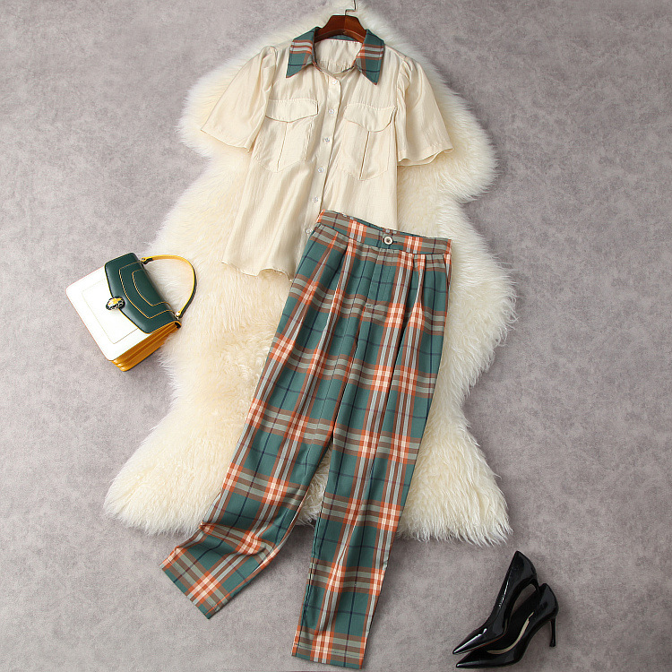 

Europe and the United States women's clothing New Summer 2021 shirt short sleeves and lapels Plaid cropped trousers Fashion suit, Beige