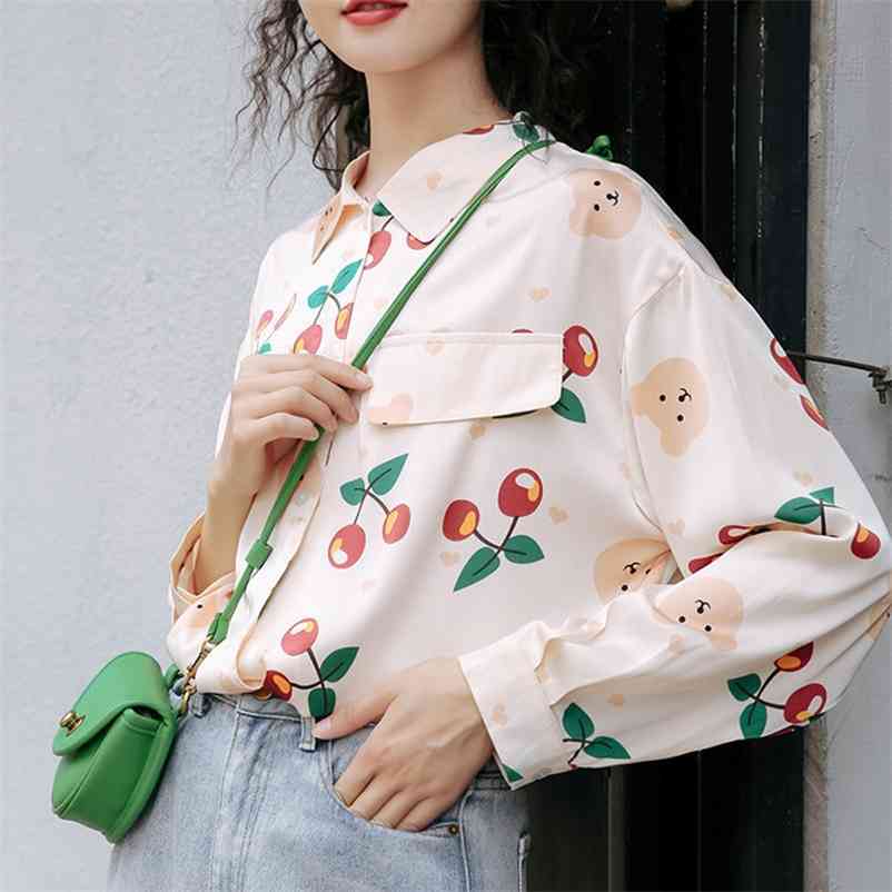 

Vintage Women Shirts Cute Korean Style Fashion Fruit Print Blusas Long Sleeve Tops Autumn Loose Button Casual Shirt 210517, Cherry
