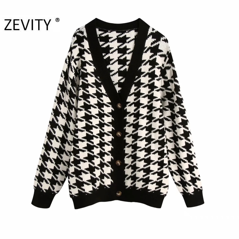 

ZEVITY new women fashion v neck houndstooth cardigan knitting sweater ladies long sleeve breasted retro sweaters chic tops S409, Default color