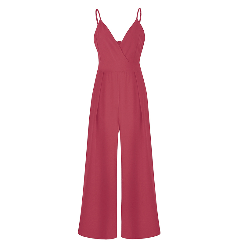 

Paris Girl Casual Solid Color Halter Strap V-Neck Backless Wide Leg Pants Women Jumpsuit Salopette Female Summer 210524, Beige