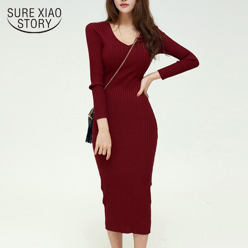 

Casual Dresses 2022 Spring Solid Vintage Long Sleeve Dress Knit Sweater Women V Neck Midi For Clothing Robe Femme 12700, Black;gray
