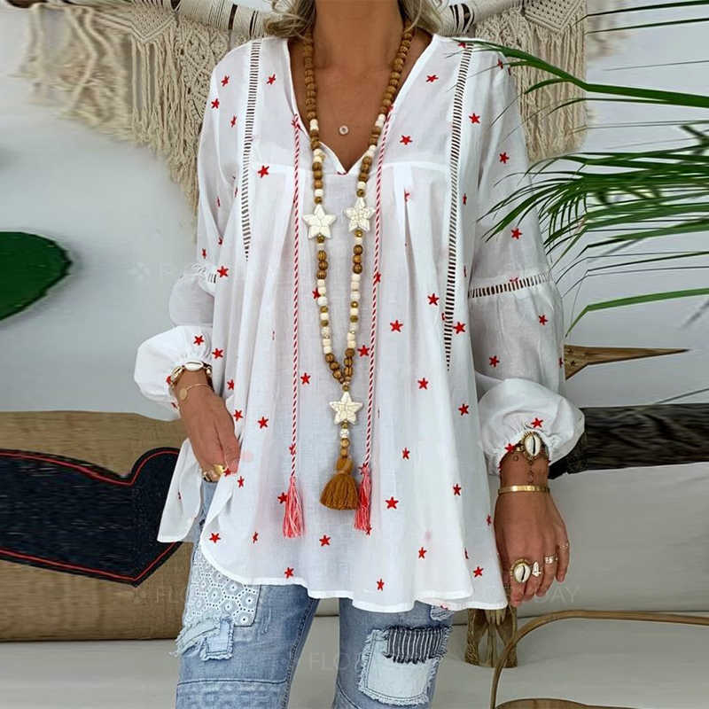 

Star Print Plus Size Womens Tops And Blouses Spring Casual Hollow out Long Sleeve Tunic Female V Neck Loose Blouses Shirts 210721, White