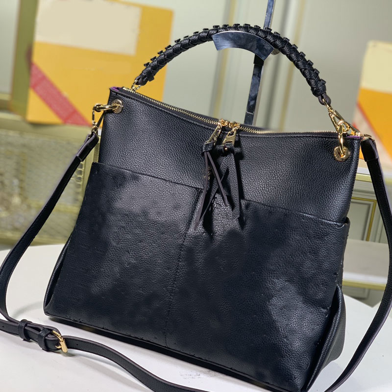 

Lady Tote Bag Handbag Purse Shoulder Crossbody Bags Grain Leather Soft Cowhide Full Printing Letter Knitting Hand High Quality Zipper Hardware High Quality, Black