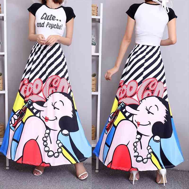 

maxi long cartoon women skirt floor length elastic high waist muslim womens fashion floral printed mujer, Black
