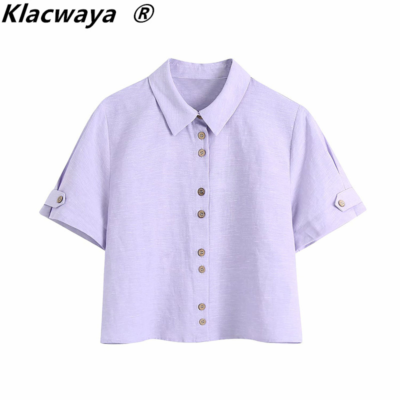 

Women Fashion Solid Color Short Smock Blouse Female Single Breasted Kimono Shirt Chic Casual Slim Blusas Tops 210521, Violet