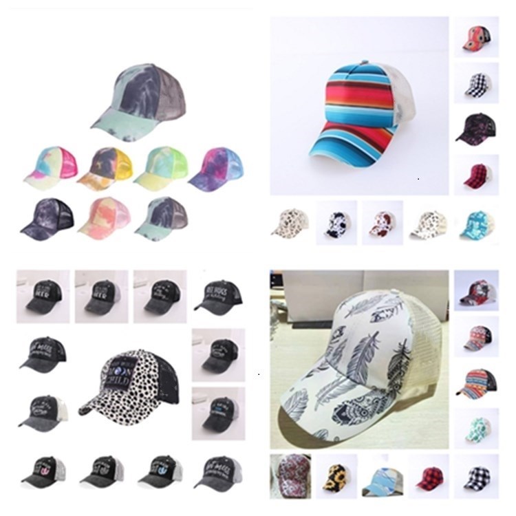 

Criss Cross Ponytail Hats Woman Embroidered Washed Mesh Baseball Caps 54 Styles Sunflower Leopard Messy Bun Tie-dye Trucker Hat Sea shipping T2I52066