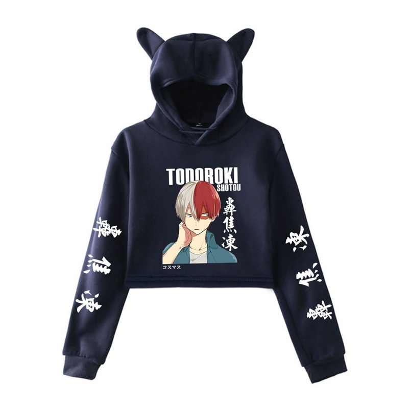

My Hero Academia Cat Cropped Hoodie Female Long Sleeve Sweatshirt Crop Top Women's Japanese Anime So Todoroki Clothes 210826, White