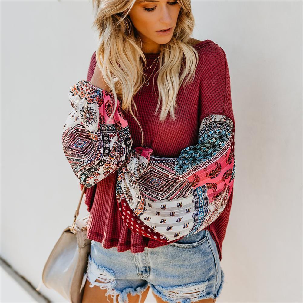 

High Quality Floral Printed Women Womens Sweaters Flare Sleeve Patchwork O Neck Knitted Autumn Loose Knitting Pullover Tops, White;black