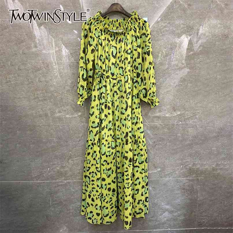 

Leopard Print Midi Dress For Women Stand Collar Long Sleeve High Waist Vintage Dresses Female Fashion Clothing 210520, Yellow