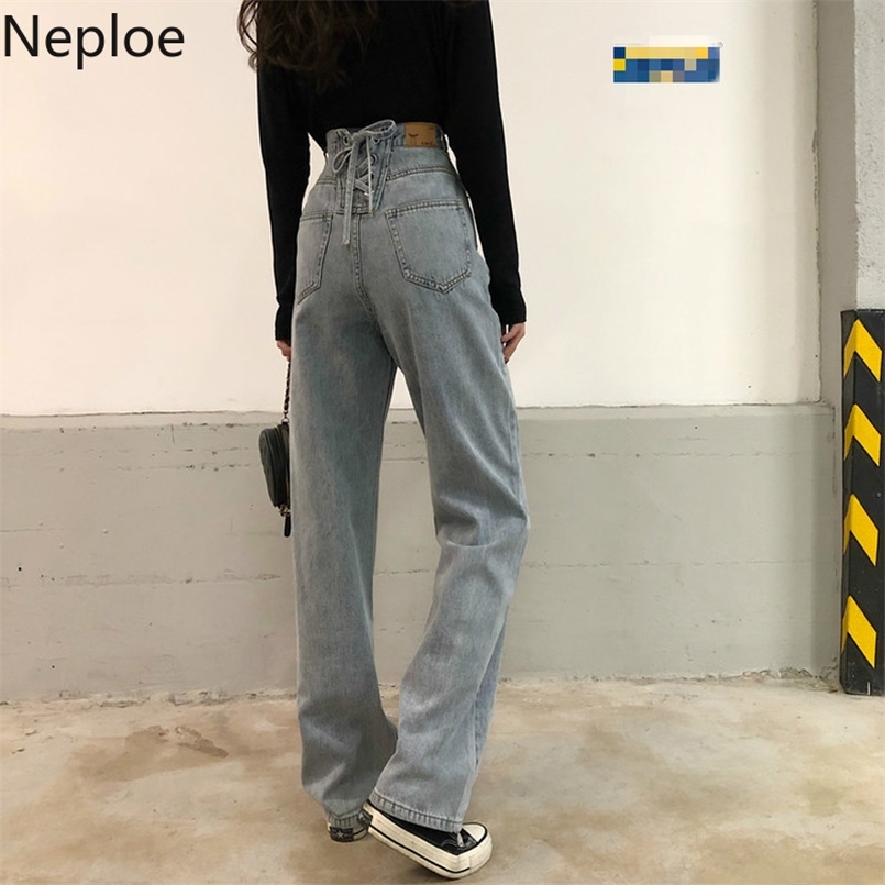 

Neploe Knot Drawstring Women Jeans Spring Solid High Waist Zipper Button Ladies Pants Loose Wide Leg Female Trousers 49769 210720, Light blue