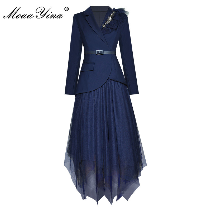 

Fashion Designer Set Autumn Women Long Sleeve Beading Suit Tops+Mesh Asymmetrical Skirt Two-piece set 210524, Navy blue