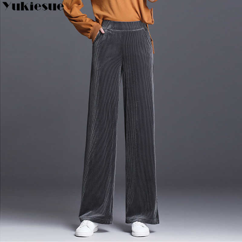 

Corduroy streetwear autumn striped women' pants female high waist wide leg capris for women trousers woman Plus size 210608, Black