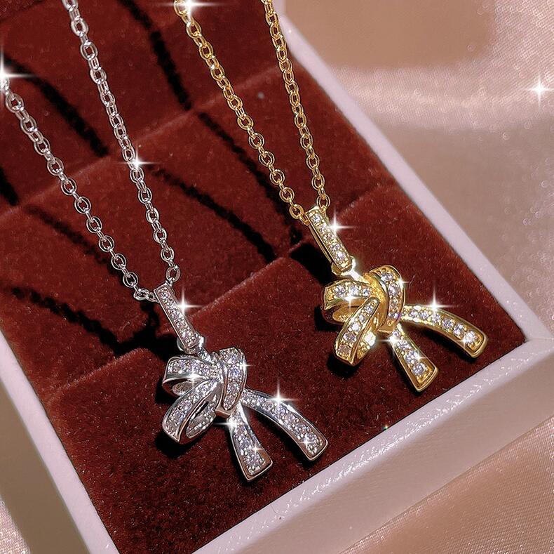 

Choucong Brand Ins Top Sell Bow Pendant Luxury Jewelry 925 Sterling Silver&Gold Fill Pave White Sapphire CZ Diamond Gemstones Women Clavicle Necklace For Lover Gift