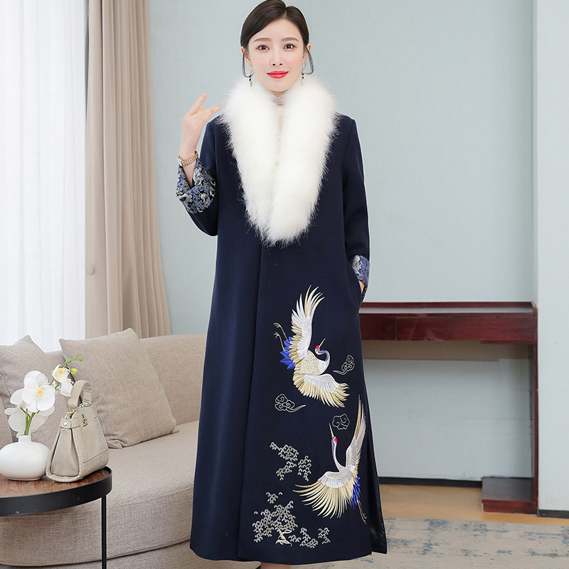 Women ethnic Clothing winter fur collar korean style long dress embroidered elegant modern hanbok costume blue wool Asian outfit-image-736424424