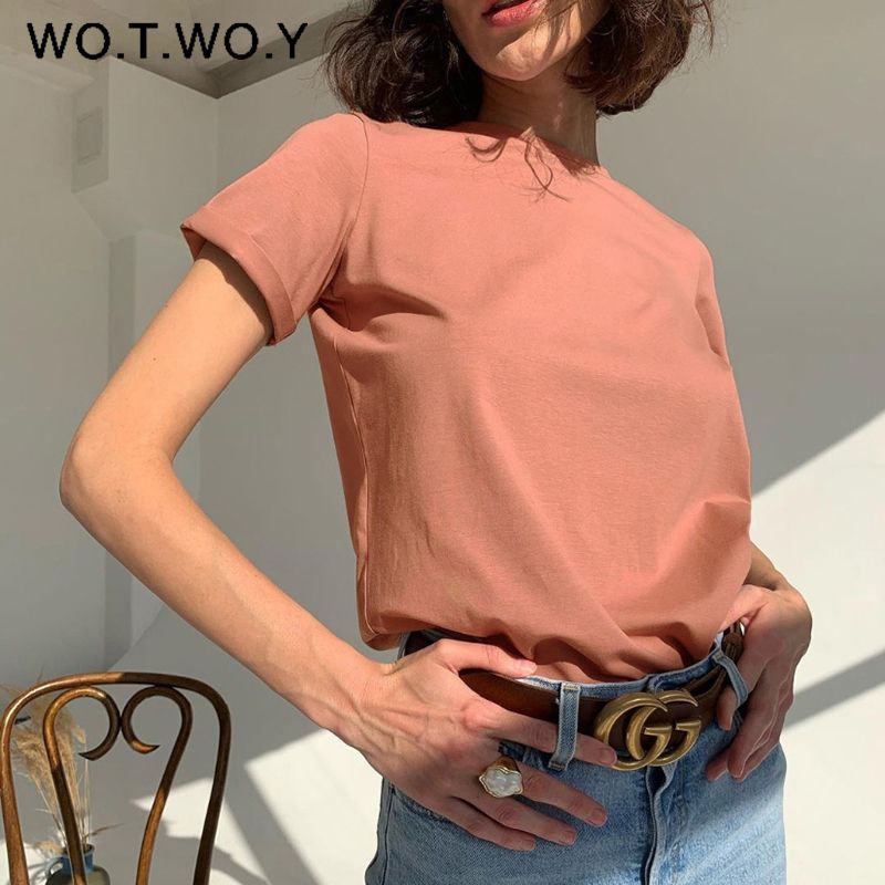 

WOTWOY Casual Cotton Basic T-shirt Women Loose Short Sleeve Knitted Tee Shirts Female Solid Tees Ladies Summer Tops Harajuku New, White