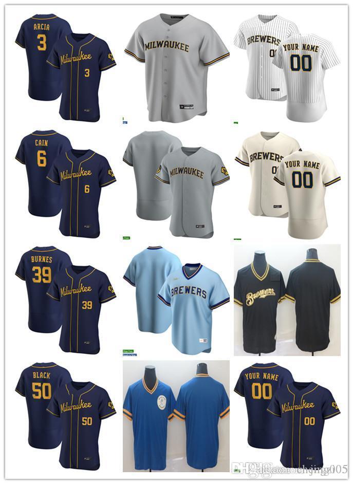 

Men Women Youth 3 Orlando Arcia 50 Ray Black 39 Corbin Burnes 6 Lorenzo Cain Custom Baseball Jersey Blank white gray beige navy blue, Colour